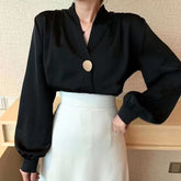 Elegant V Neck Lantern Sleeve Silk Blouse - FashionByTeresa